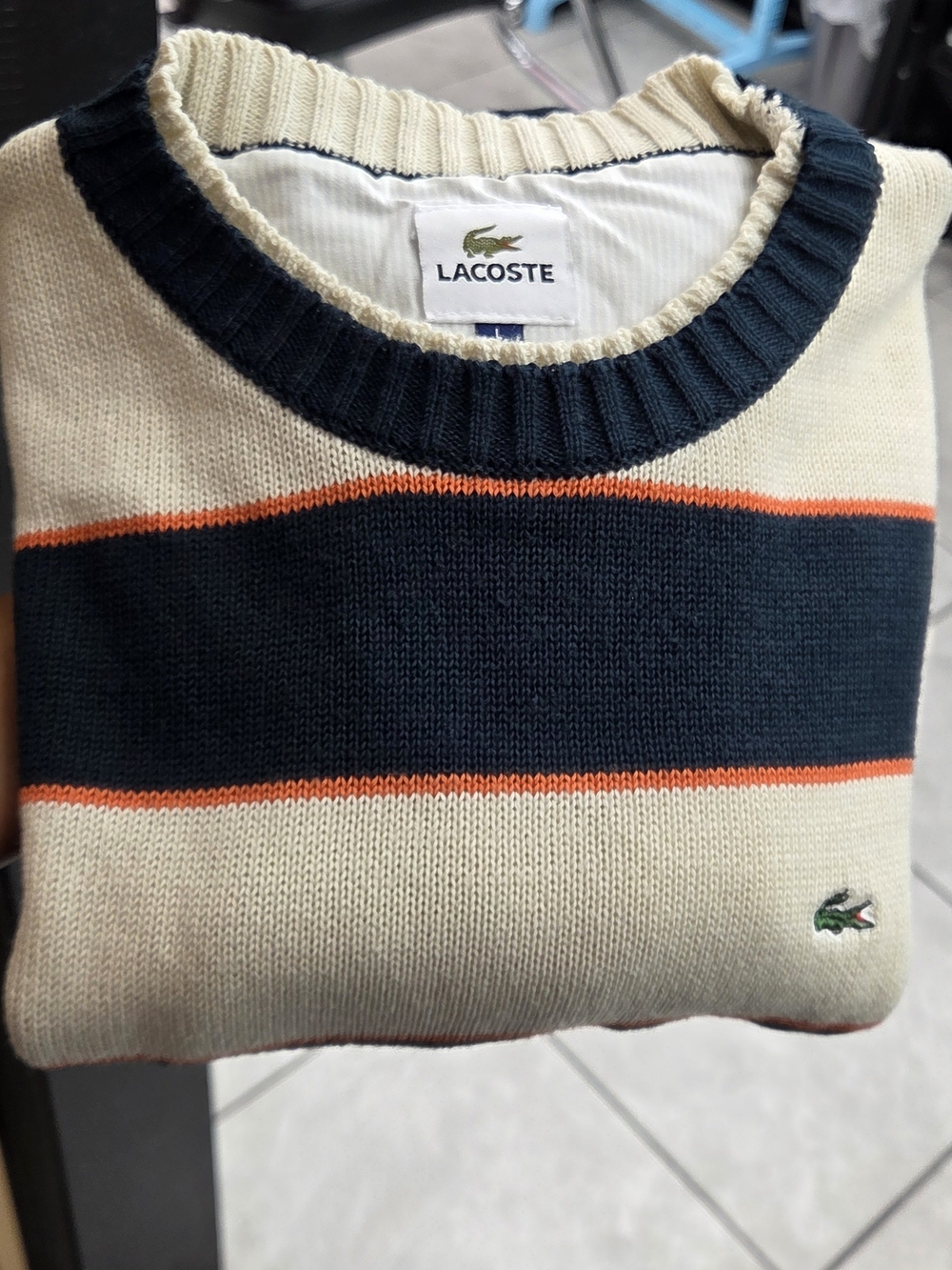 • LACOSTE Classic Striped Knit Crewneck Sweater Navy Blue Cream Orange